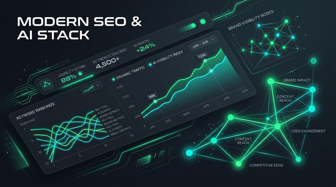 Illustration of the ultimate modern SEO and AI search visibility toolkit